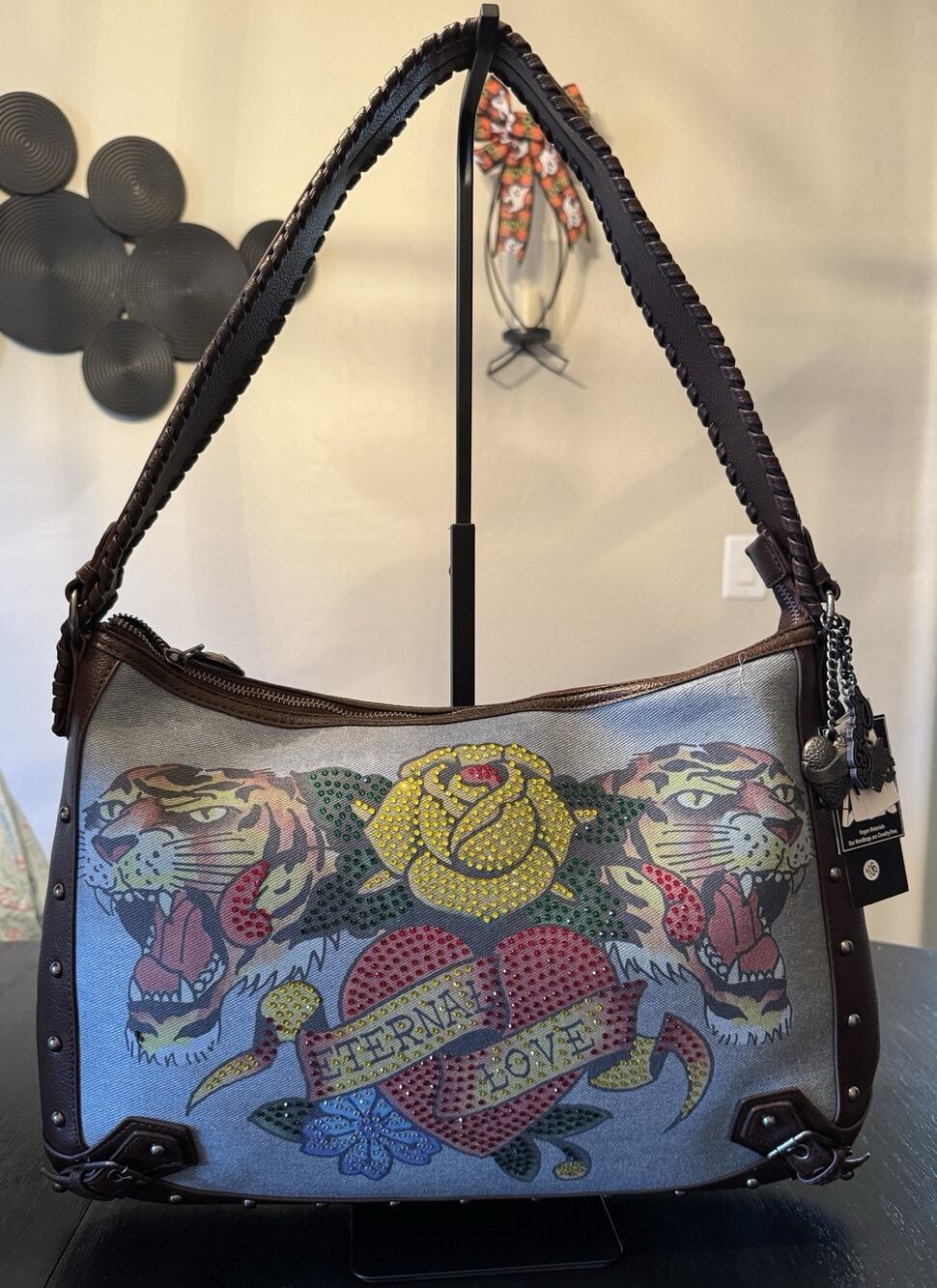 NWT Ed Hardy Large Denim Brown Eternal Love Rhinestones Tiger & Flowers Hobo Bag
